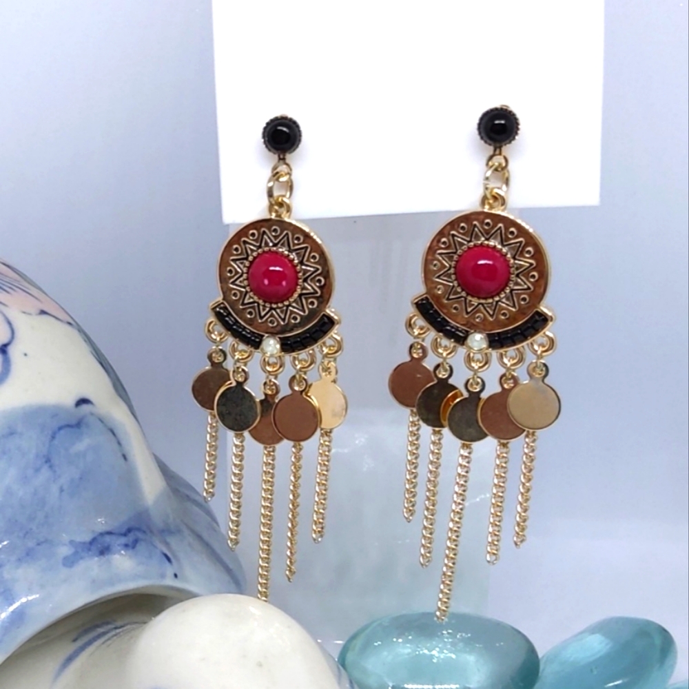 Delicate Alloy Jewelry Medium Size Earrings.  Red and Gold